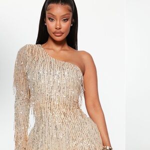 Fashion Nova One-Shoulder Fringe Jumpsuit - Gold
